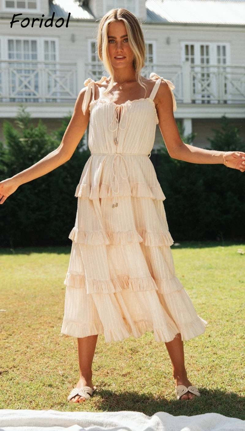 Lace Up Front Striped Summer Dress Boho Beach Women Clothing Casual Maxi Long Sundress Ruffle Spring Korean Harajuku Dress 210415