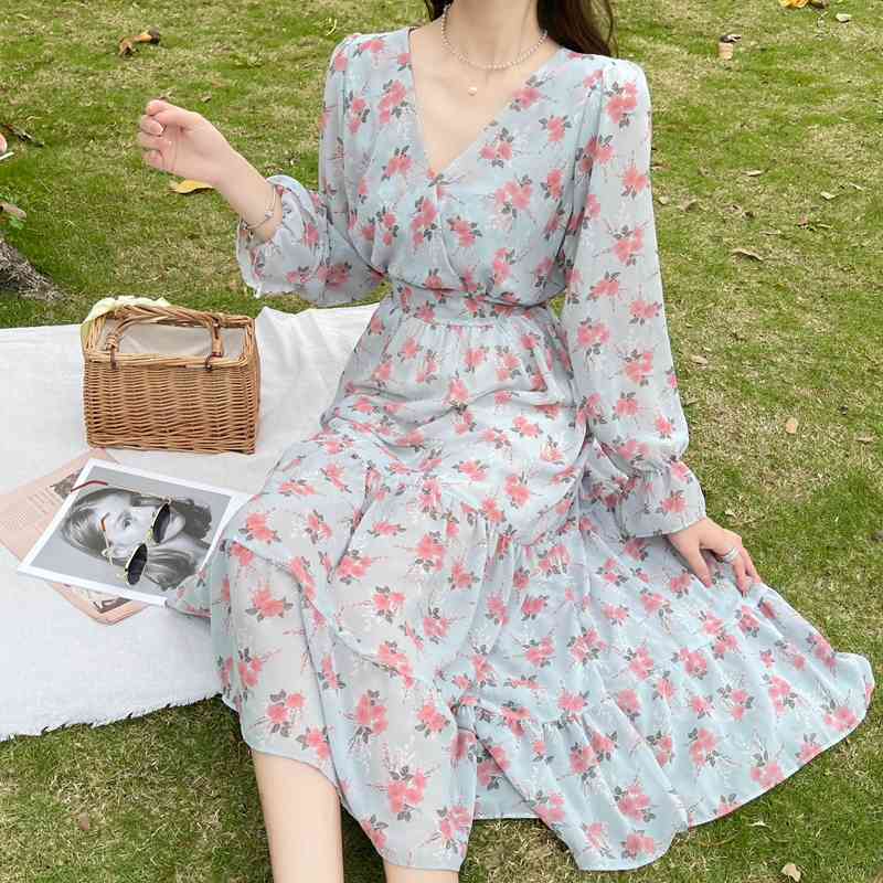 Women's Chiffon Dress Female Vintage Floral Printed Long Sleeve Spring Autumn V-Neck High Waist Slim Midi Dress Vestidos 210518