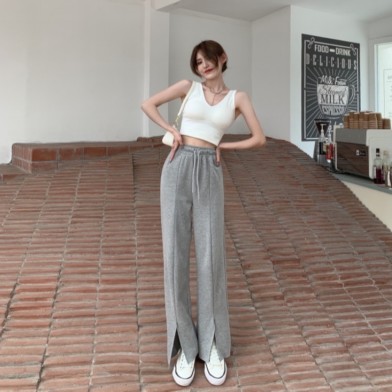 Pants & Capris Women's Clothing Black Elastic Waist Casual Drawstring Sweatpants Split Loose Straight White Grey Wide Leg Pant 210429