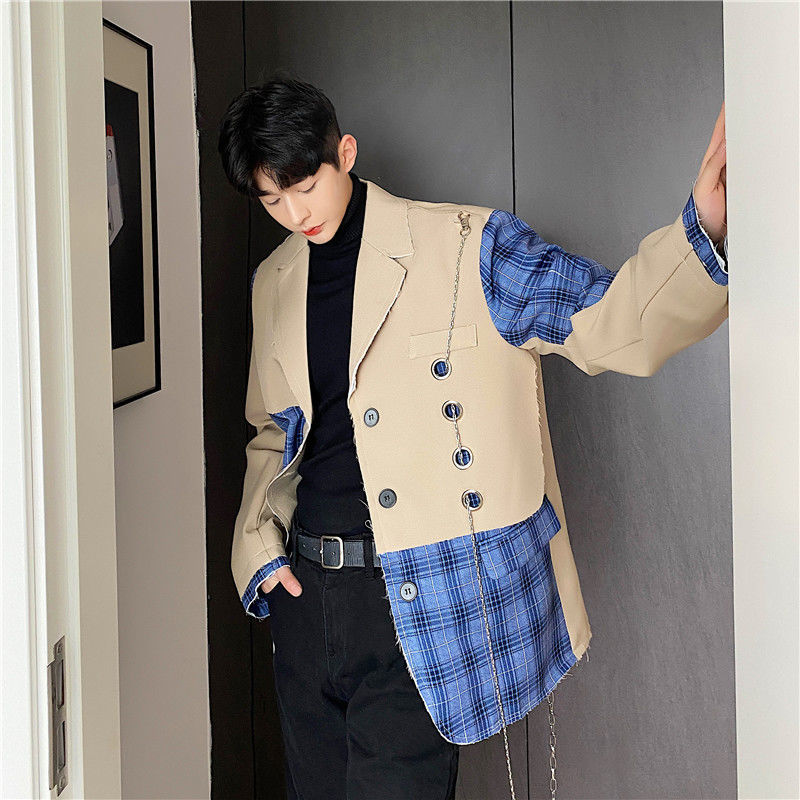 IEFB Korean blue paid color block patchwork blazers for men spring deisgn chian suit coat mens streetwear coat raw 9Y4396 210524