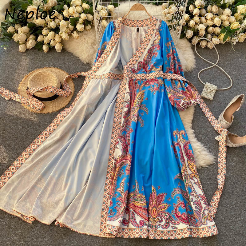 Neploe Vintage Print Holiday Bohemian Dress Women High Waist Lace Up Slim Maxi Dresses V Neck Long Sleeve Vestidos Mujer 94992 210422