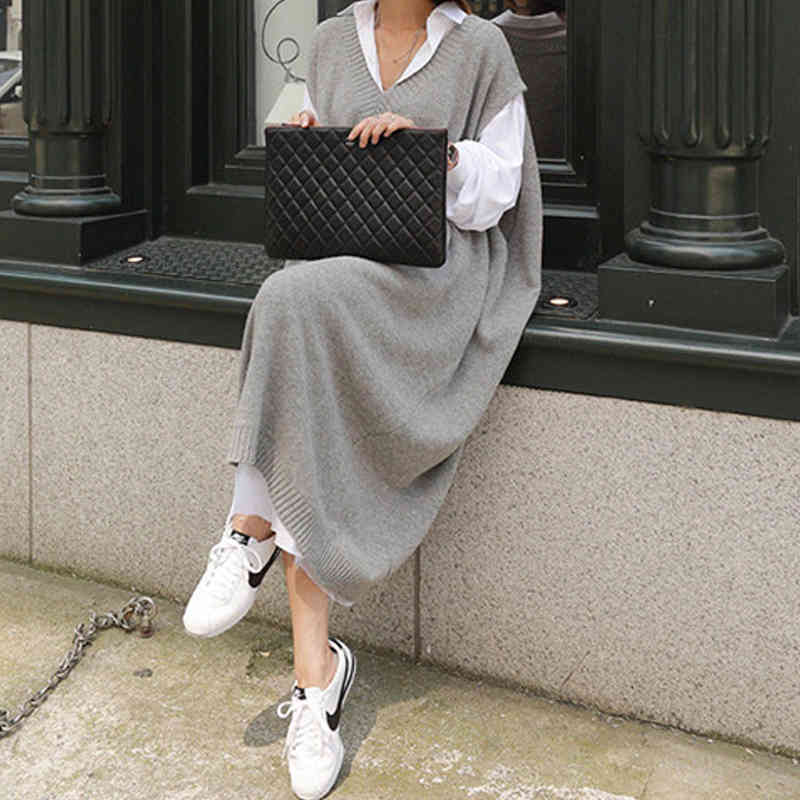Warm Gray Sweater Dresses Women Oversize Sleeveless Casual Loose Knitted Dress Ladies Office Work Wear Long Dress Robe Longue 210331