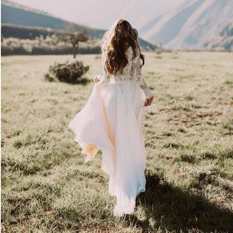 2022 Bohemian Country Wedding Dresses Gown With Sheer Long Sleeves Bateau Neck Mermaid Lace Applique Chiffon Boho Bridal Gowns