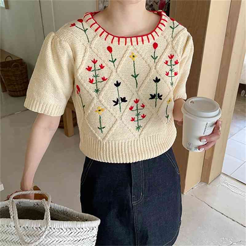 Korejpaa Women T-Shirt Summer Korean Chic Sweet Strawberry Cream Hand-Crocheted Round Neck Puff Sleeve Knitted Pullovers 210526