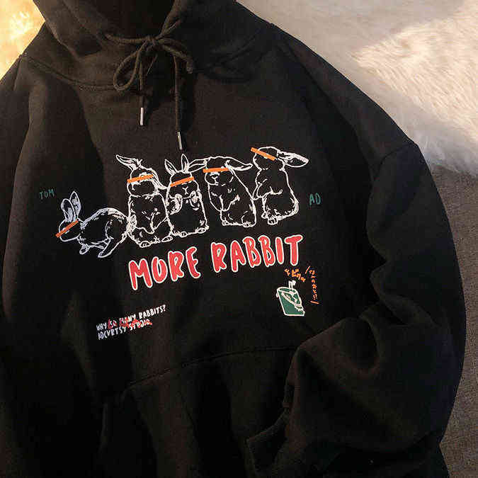 Sweatshirt For Women's More Rabbit Print Winter Korean Style Fashion Hoodies Kawaii Oversized Hooded Polyester Harajuku 211109