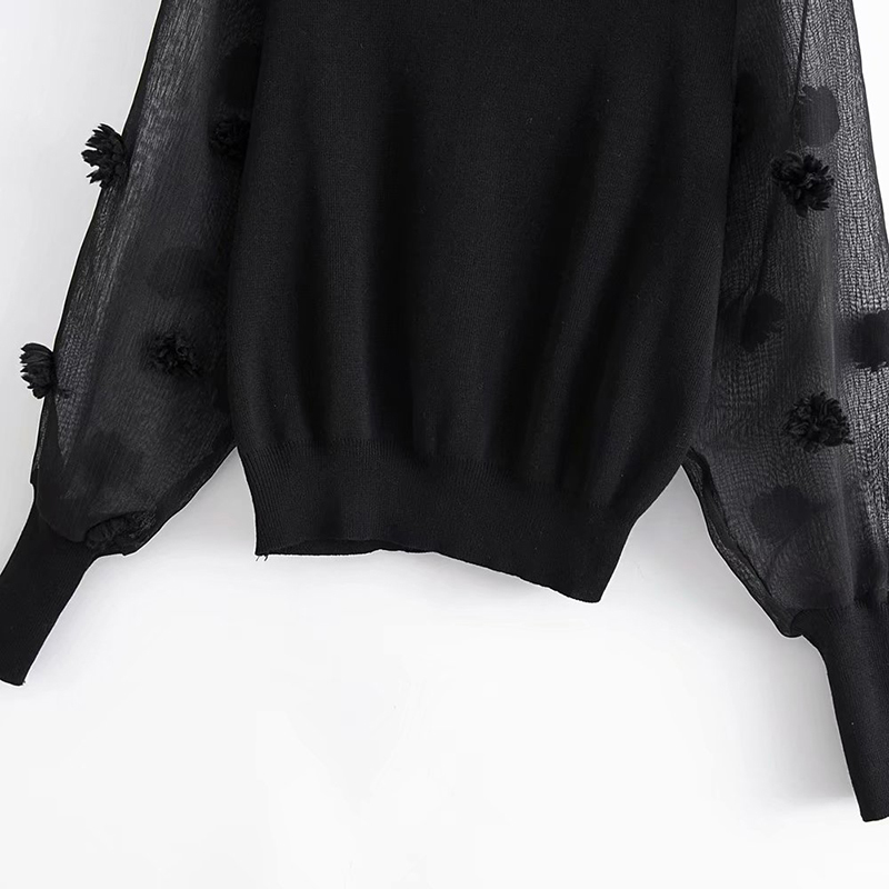 Black Mesh Patchwork Pullover Sweater, Transparent Long Sleeve Knitted Jumper For Women B4