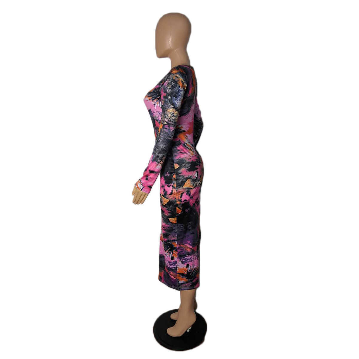 Women Tie Dye Printed Bodycon Dress Classy Ladies Evening Party Long Dresses 210702