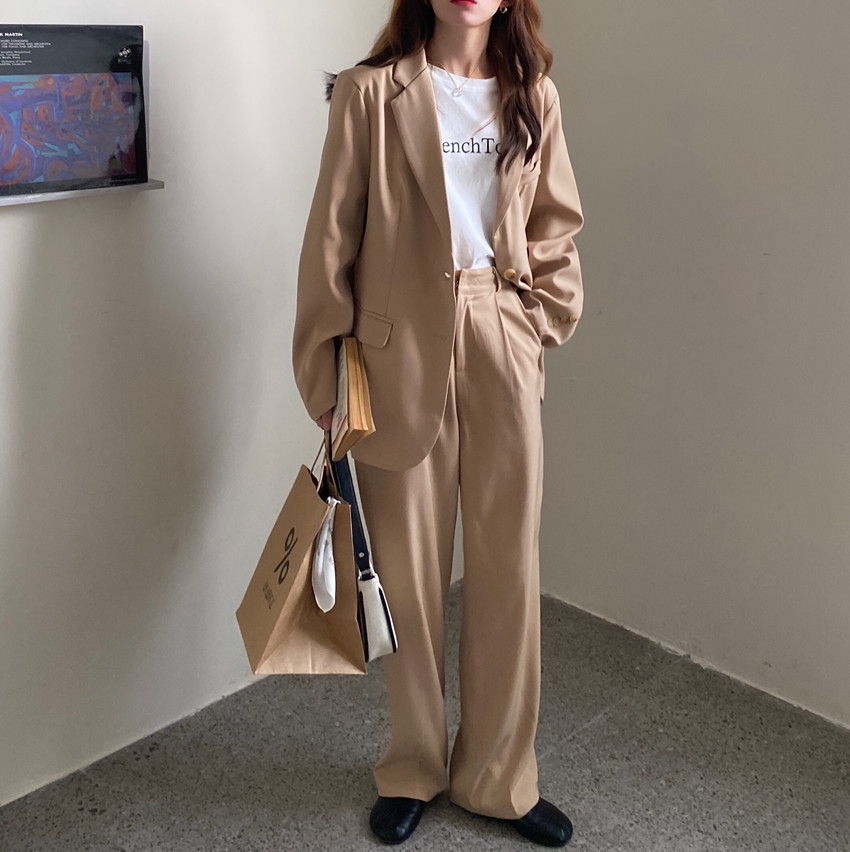 Fashion Vintage Blazer Pants Suit OL Elegant Business Wear Blazers + High Waist Wide Leg Suits 2 Piece Set 210421