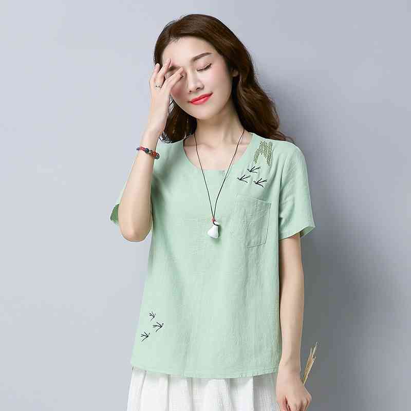 Summer Sweet Solid Cotton Linen Women Shirt Blouse Short Sleeve Tops Blusas Embroidery Female Clothing D834 30 210506