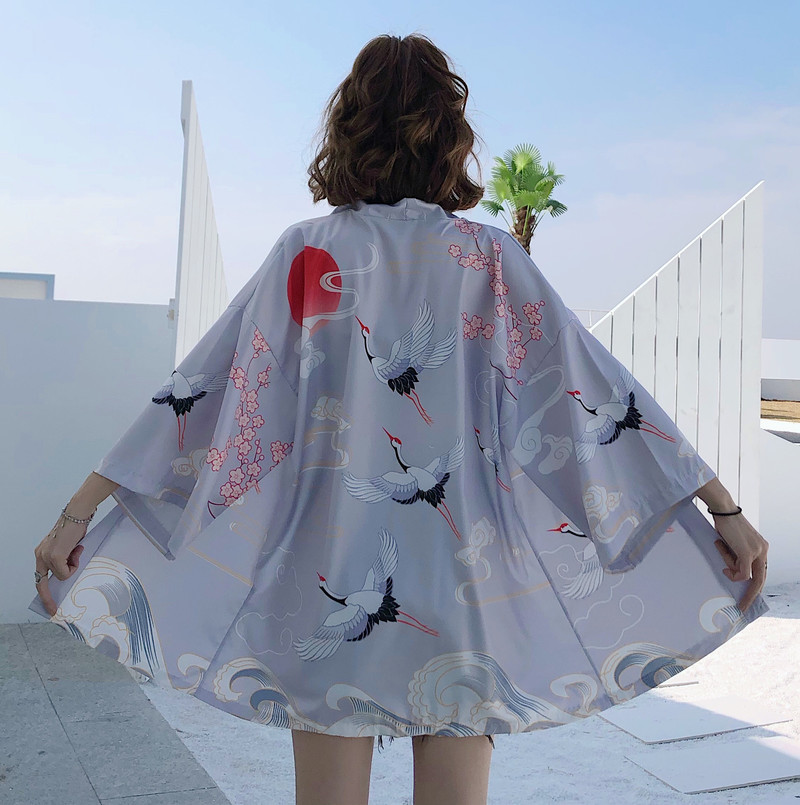 Yukata Female Kimono Cardigan Shirt Harajuku Crane Prtint Blusas Woman Blouse Obi Haori Japanese Streetwear Summer 210519