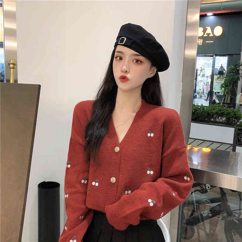 Nomikuma Korean Cherry Sweet Knitted Cardigan Jacket Autumn Long Sleeve V-neck Knitwear Causal Women Sweater Coat 6C851 210427