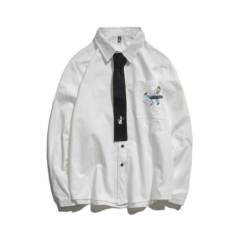 Mens Streetwear Fashion Shirts Oversized Chest Pocket Print Harajuku Shirt Long Sleeve Japanese Comic Boy Tie Shirts For Man Top 210527