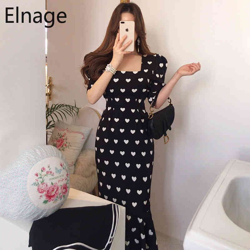Spring Summer Chic Women Dress Half Sleeve High Waist Heart Print Female Casual Square Collar Office Lady 5B050 210429