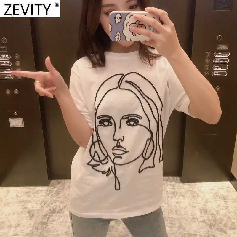 Zevity Women Simply Beauty Head Sculpture Appliques Casual Slim White T-shirt Female Chic Basic Knitting Summer Tops T692 210603