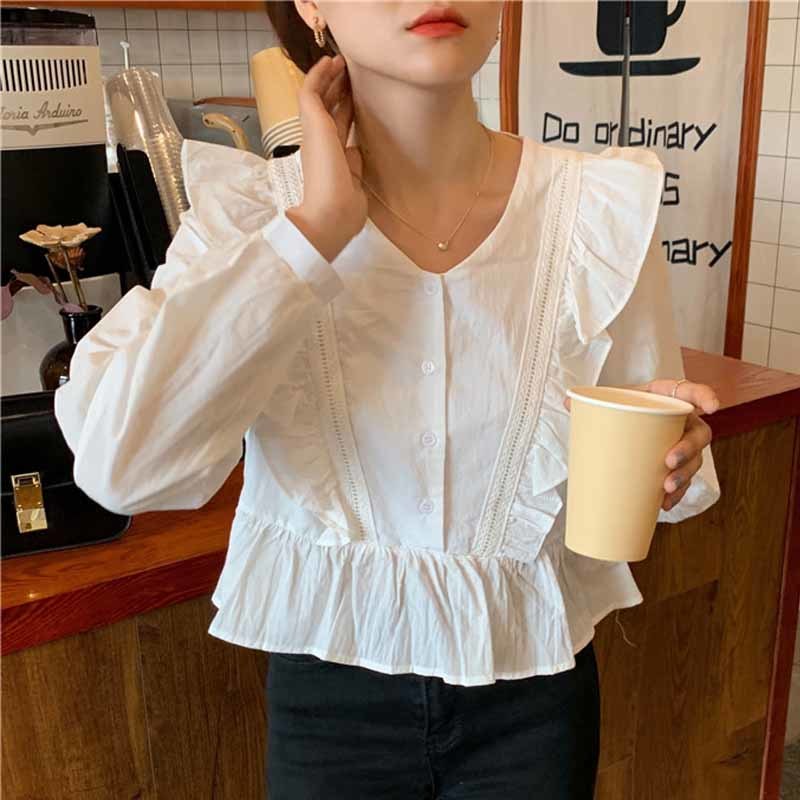 Korean Style Women Ruffle Stitching Long Sleeve Blouse Sweet and Cute V-neck Solid Button Shirt Blusas Mujer De Moda 11666 210508