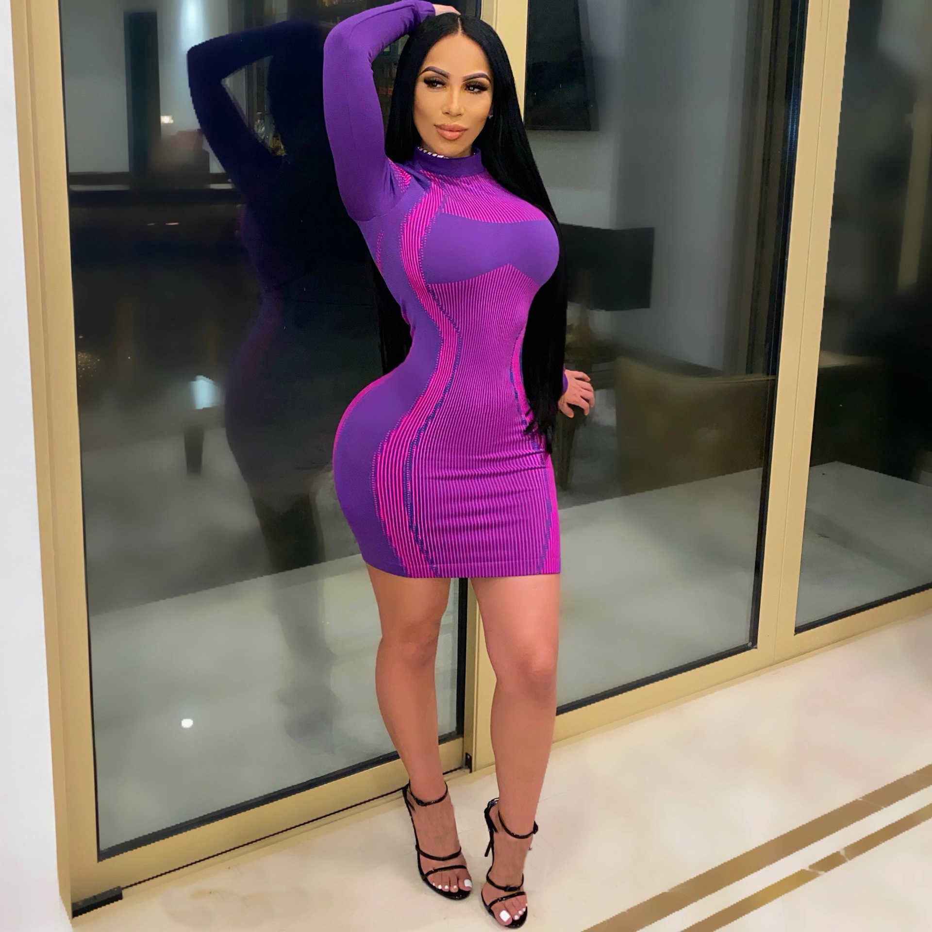 Patchwork Striped Dress Long Sleeve Pullover O-neck High Waist Slim Sexy Short Summer Mini Black Bodycon es Clubwears 210604