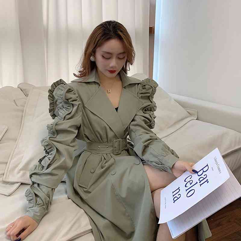 Korean Patchwork Ruffle Windbreaker For Women Lapel Long Sleeve Sashes Black Casual Trench Female Fashion Spring 210524