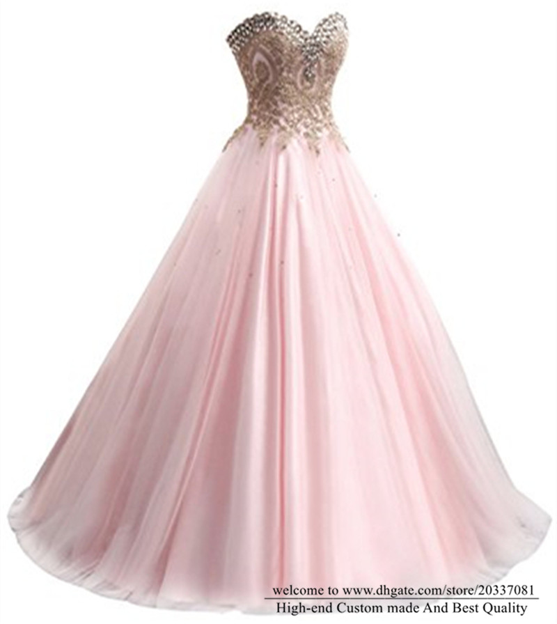 Quinceanera Dresses 2021 Pink Crystal Princess Sweetheart Gold Appliques Party Prom Formal A-Line Lace Up Tulle Vestidos De 15 Anos Q25
