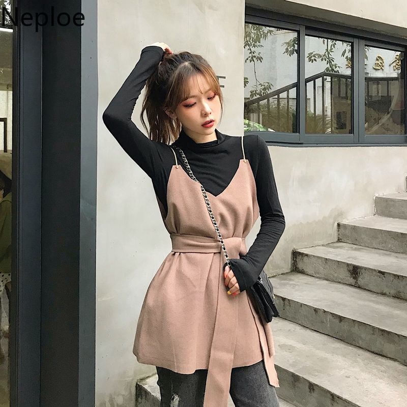 Neploe Two Piece Outfits for Women Half Turtleneck Knitted Pullovers Lace Up Slim Waist Sling Vest Femme Roupas 2 Piece Set 210422