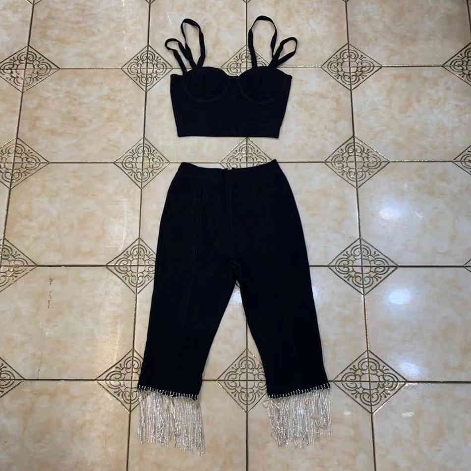 Free Diamond Tassel Bandage Pants Set Sexy Halter Short Vest & Tight Cropped Ladies Two-piece 210524