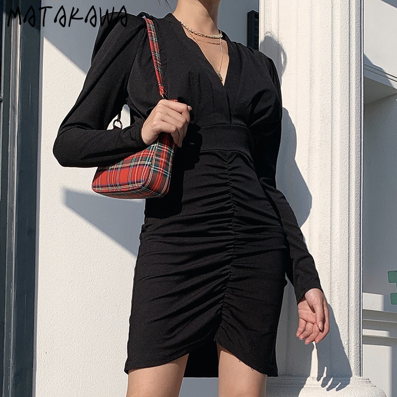MATAKAWA Sexy V Neck Woman Dress Slim Waist Tight Elagant Vestidos Red Fashion Robe Femme Puff Sleeve Bodycon Dresses for Women 210513