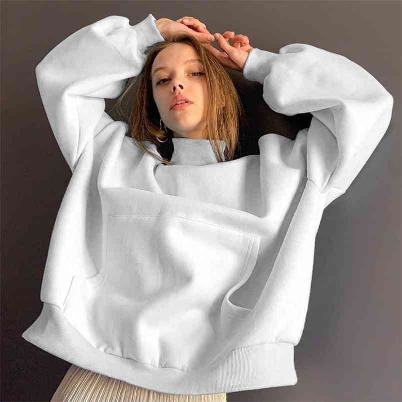 women's fashion 65% Cotton sweatshirt street trend basic solid color loose pocket long sleeve top christmas Womens 210508