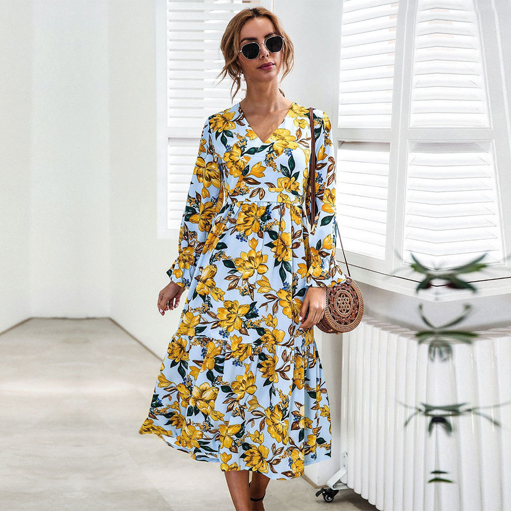 2021 Spring Summer New Floral Dress Women V Neck Flare Sleeve High Waist Print Knee Length Dresses Ladies Casual Ruffles, Blue
2021 Spring Summer New Floral Dress Women V Neck Flare Sleeve High Waist Print Knee Length Dresses Ladies Casual Ruffles, Blue