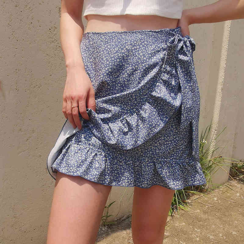 Women Print Short Mini Skirts Summer Ruffle High Waist Bow Tie A-line Skirt Ladies Streetwear Slim Bottoms Saias 210524