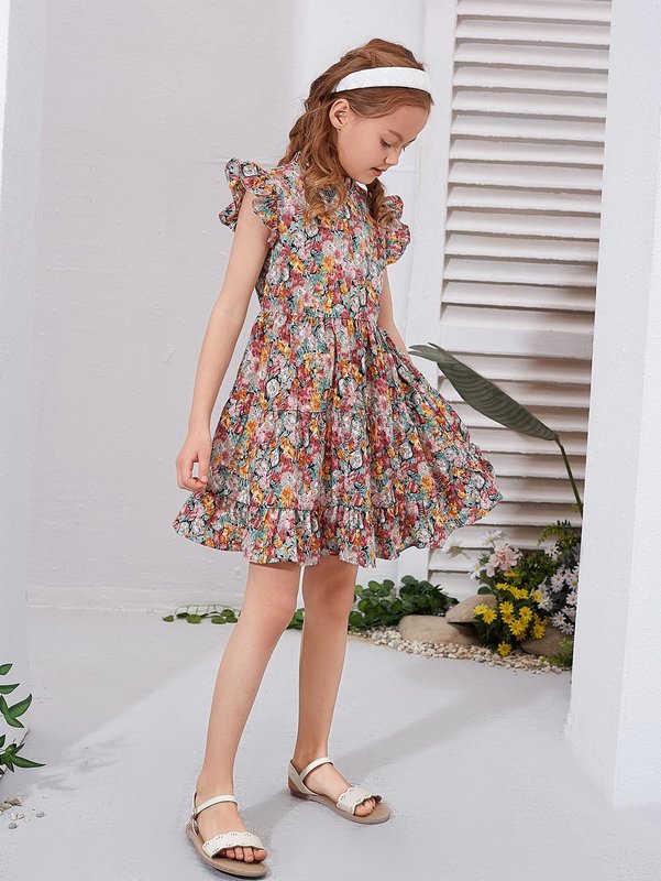 Girls Mock Neck Butterfly Sleeve Allover Floral Dress SHE