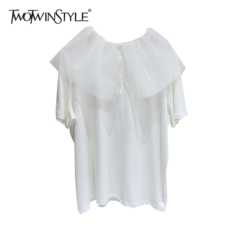 TWOWINSYLE Casual Patchwork Mesh Shirt For Women O Neck Short Sleeve Solid Loose Shirts Female Summer Fashion Stylish 210524, Black
TWOWINSYLE Casual Patchwork Mesh Shirt For Women O Neck Short Sleeve Solid Loose Shirts Female Summer Fashion Stylish 210524, Black