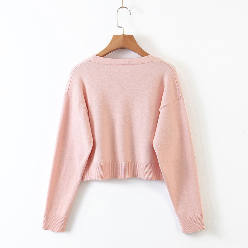 Sweet Cute Kawaii Pink Cherry Embroidery Women Autumn Knitted Cardigan Tops Chic V-neck Single-breasted Sweaters 210514