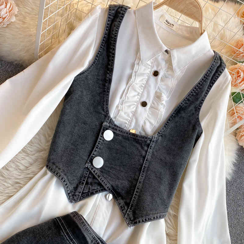 Nomikuma Women 3pieces Set Puff Sleeve Turn-down Colalr Blouse + Demin Vest + Irregular Jeans Shorts Korean Suits New 6F129 210427