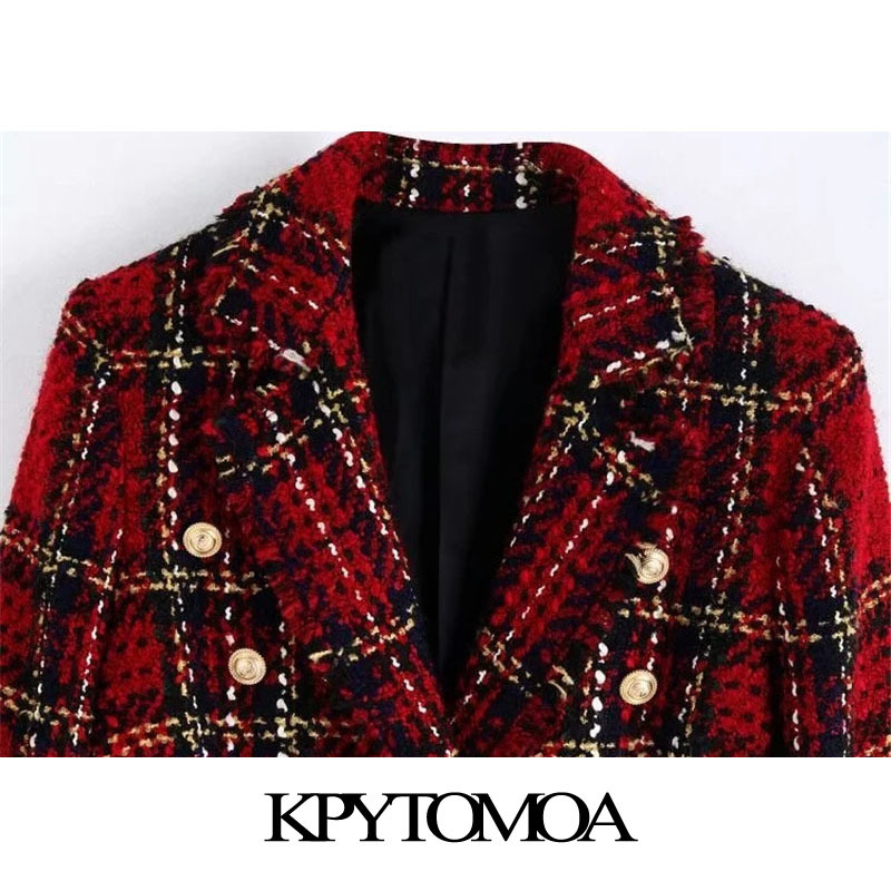 Women Fashion Double Breasted Tweed Check Blazer Coat Long Sleeve Frayed Tassel Female Outwear Chic Tops 210420