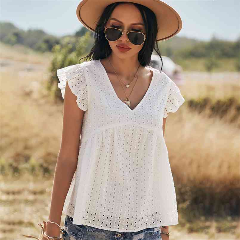 Casual White Cotton Embroidered Top womens tops and blouses fashion Summer Vintage Ruffle Sleeve Shirt for women 210508