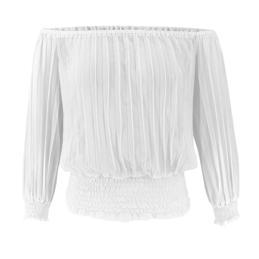 Women Summer Autumn White Chiffon Pleated Off Shoulder Blouse Shirt Sexy Eleagnt Long Sleeve Female Casual Shirts Blouses 210507