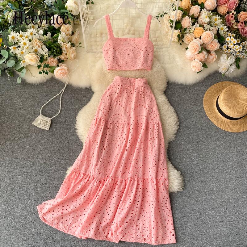 Fashion Women Outfit 2021 Summer Hollowing Beach Two Piece Sets Woman Zipper Sexy Crop Tops Skirts Suit Ladies Clothing Dress