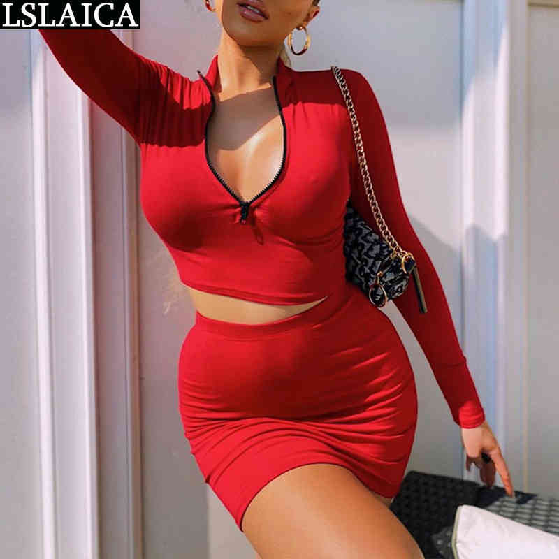 Sexy Two Piece Set Women Autumn Solid Mini Skirt and Top Sets Womens Outfits Fashion Zipper Long Sleeve Crop Party Clubwear 210515