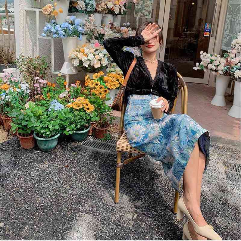 women midi skirt painting retro sunflower printed high waist pencil summer Victorian vintage harajuku faldas largas jupe 210421