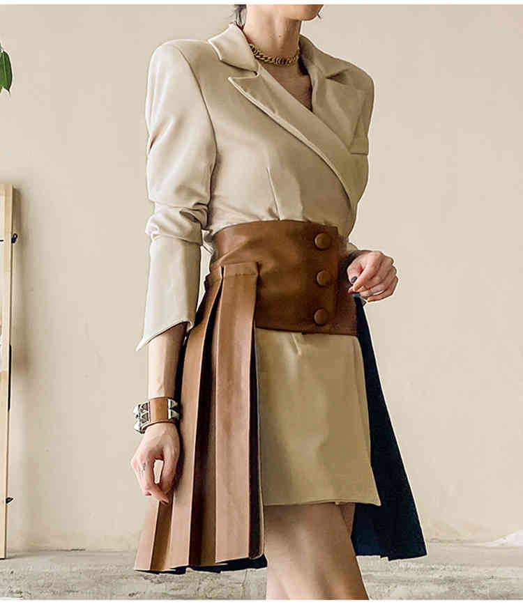 Korean Office Ladies Elegant Fashion Suit Women Autumn Notched Collar Blazer Dress + PU Pleated Mini 2 Piece Set 210519