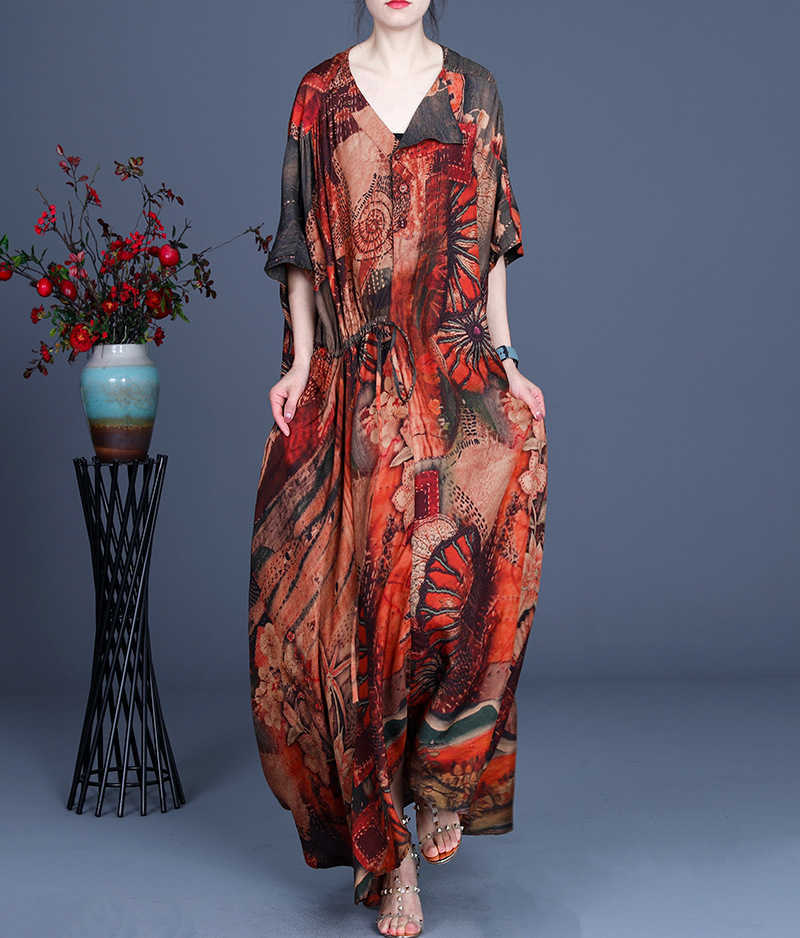 Summer Silk Irregular Drawstring Print Plus Size Retro V-Neck A Line Dresses for Women 210615Z