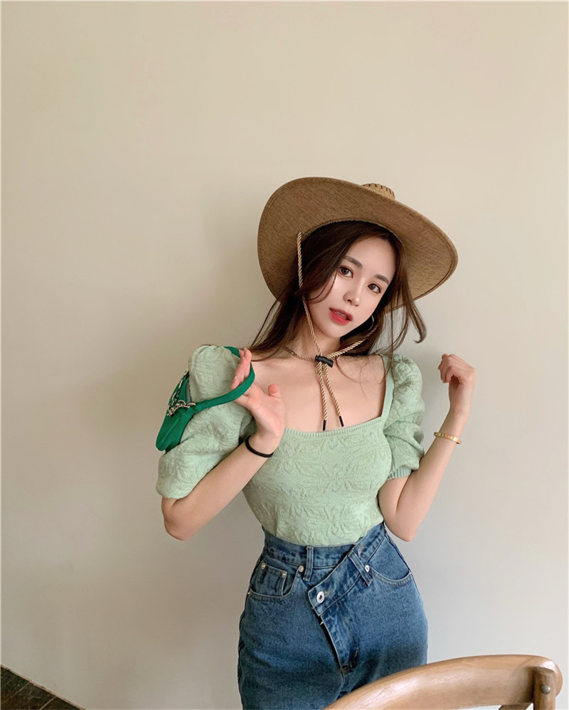 Square Collar Vintage Knitted T-shirt Women Korean Chic Floral Jacquard Puff Sleeve Summer Thin Knitwear Crop Top Tshirts 210519