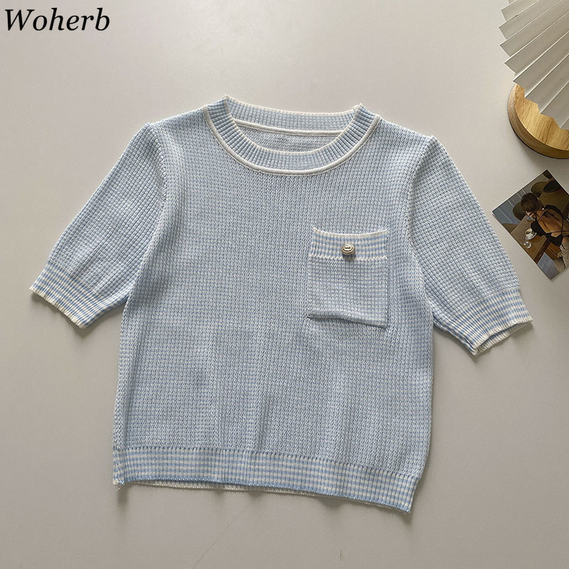 Knitted T Shirts Women Summer O Neck Short Sleeve Tees Shirt Slim Korean Fashion Plaid Pocket Knitwear Tops 4j308 210519