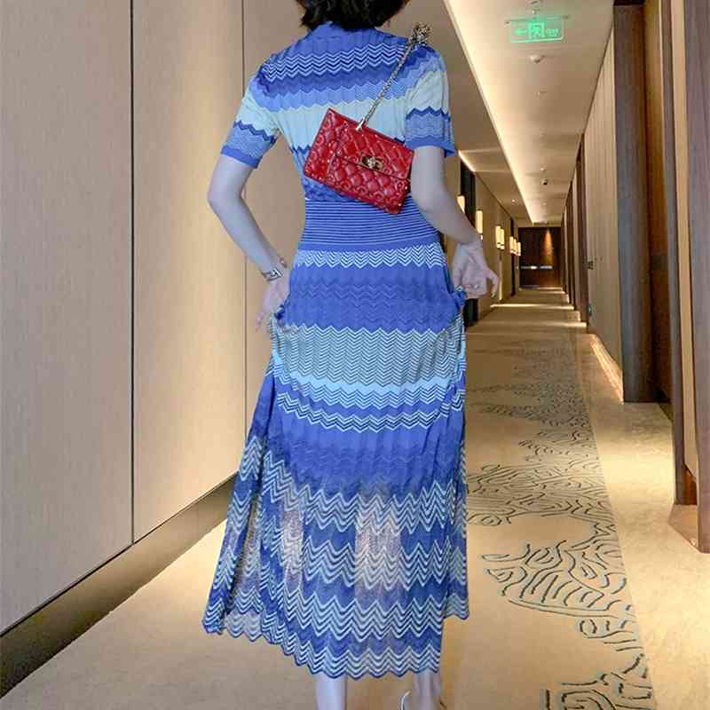 Summer Fashion Two Piece Set Wavy stripes Knitting Short sleeve Cardigans Top + High Waist Long Skirt Outfits 210519