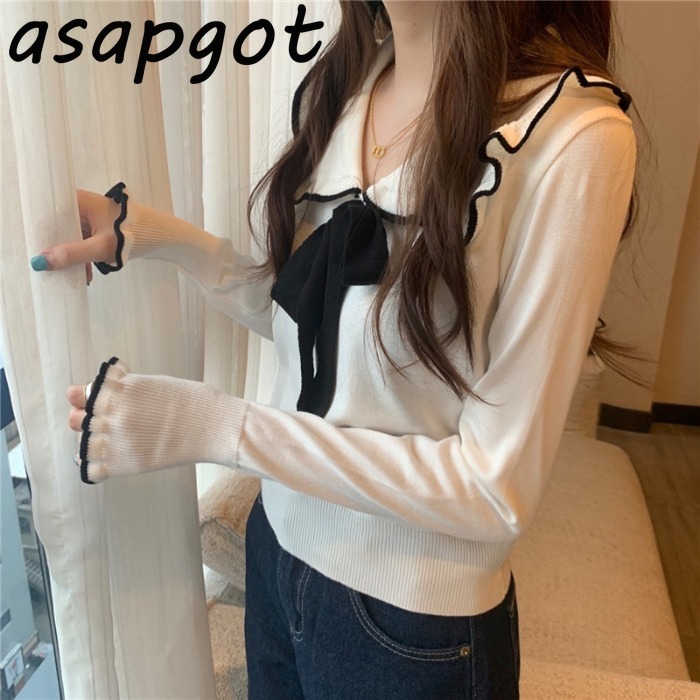 Autumn Gentle White Ruffles Contrast Color Bow Collar Sweaters&Jumpers Flare Sleeve Slim Chic Korean Fashion Black Knitted Top 210429