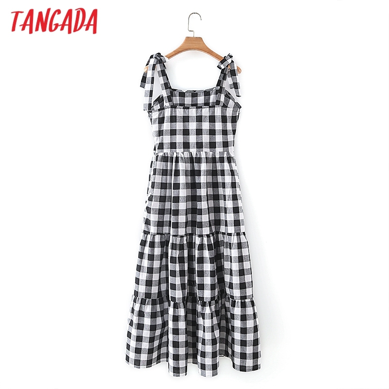 Summer Women Plaid Print Long Bow Sleeveless Ladies Dress Vestidos 2M130 210416