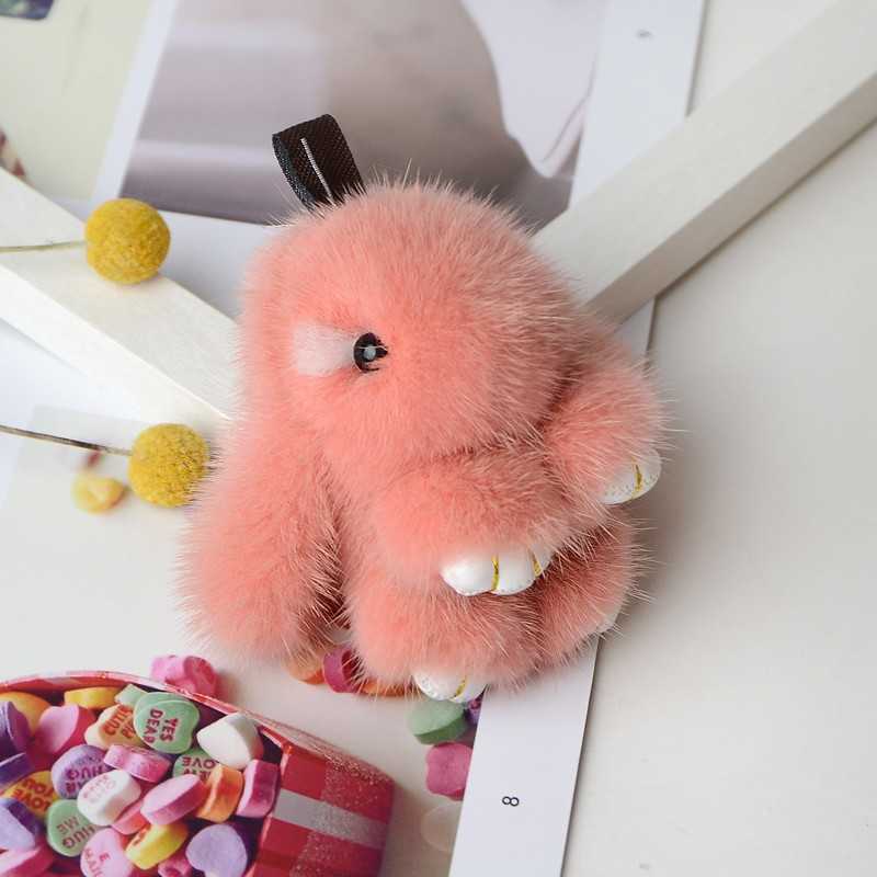 New 10cm Real Mink Fur Cute Plush Bunny Rabbit Keychain Ladys Girls Bag Car Key Keyring Pompon Pendant Accessories R250728