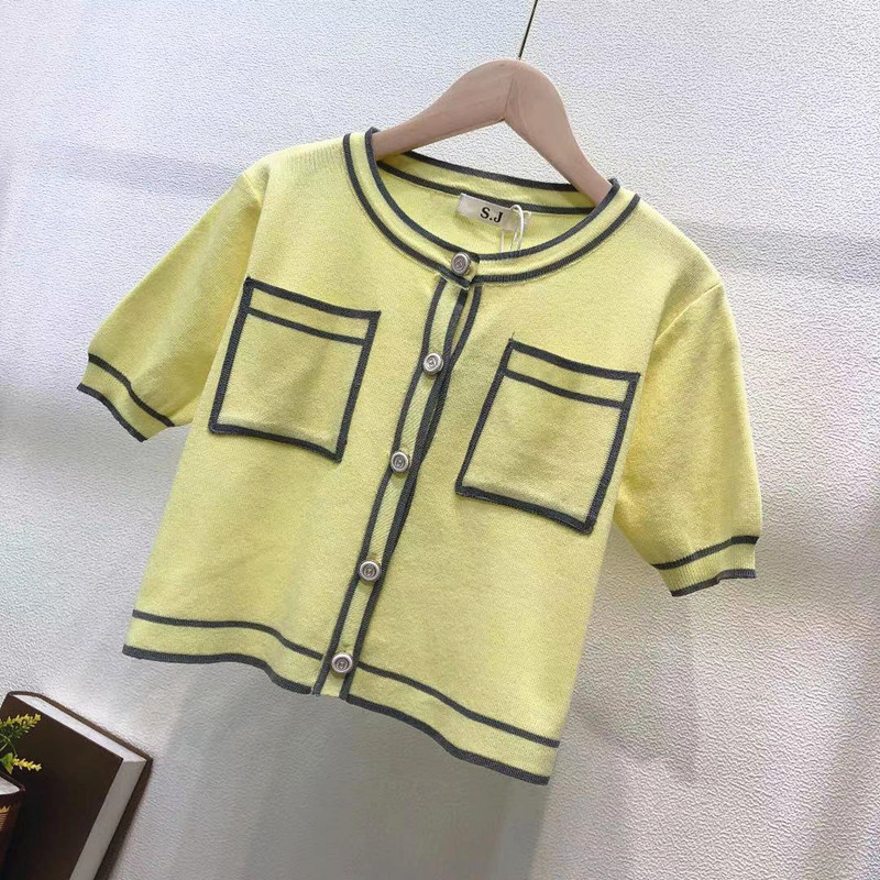 Women Vintage Ladies Elegant O-Neck Short Sleeve Buttons Cardigan Summer Fashion Knitted Tops 210519