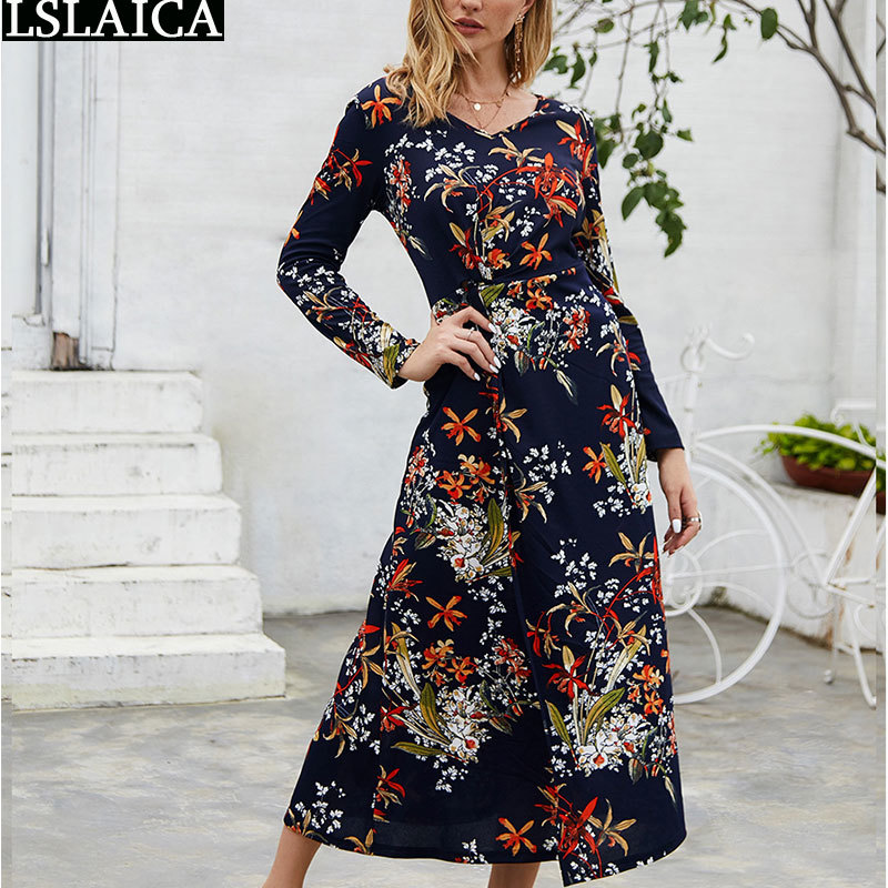 Maxi Dresses for Women Vintage Floral Print Long Sleeve V Neck Split Dress Autumn Fashion High Waist Party Vestido Feminino 210515