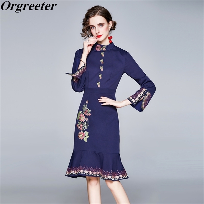 Fashion Design Spring Fall Stand Collar Exquisite Flower Embroidery Split Sleeve Bodycon Mermaid Dress Women 210602, Pink
Fashion Design Spring Fall Stand Collar Exquisite Flower Embroidery Split Sleeve Bodycon Mermaid Dress Women 210602, Pink