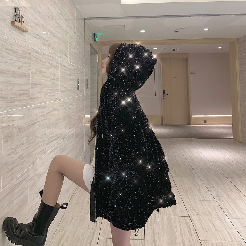 Wonder Shiny Sequined Long Sleeve Jacket Hooded Drawstring Loose Jackets Woman Casual Pocket Winter Coats 210510